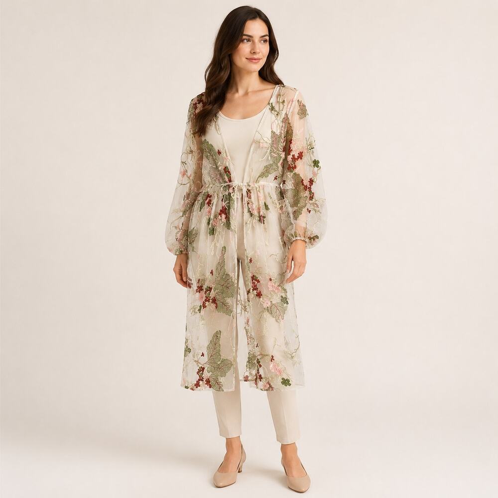 LIV Los Angeles Kimono S/M Sheer Mesh Floral Embroidered Sexy Boho Topper